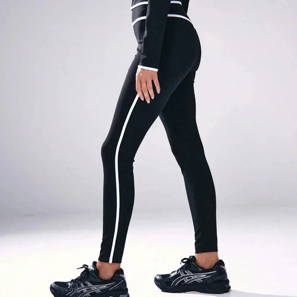 Black And White Women's Contrast Piping High Waist Leggings - Picture 3 of 5
